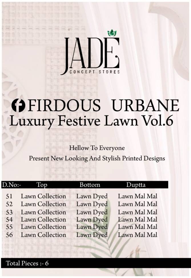 Jade Firdous Urbane 6 Casual Daily Wear Karachi Cotton Dress Material Collection